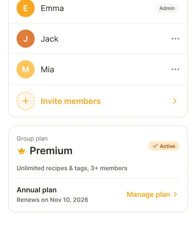 Recipick group screen listing family members